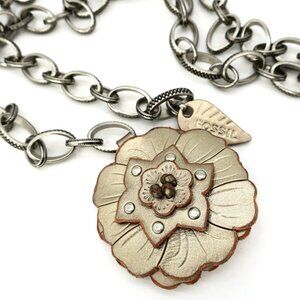 Fossil Women's Boho Belt Chain Link Leather Flower 40" Silver Tone Metal OSFM